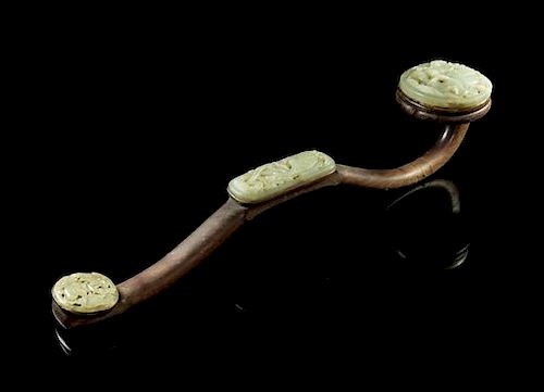 * A Jade Mounted Wood Ruyi Scepter Length 18 1/2 inches.