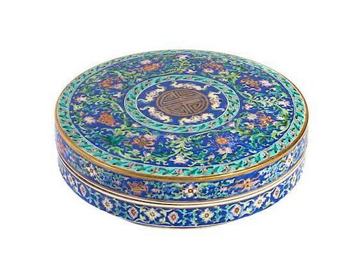 A Large Polychrome Enamel Porcelain Box and Cover Diameter 13 1/2 inches.
