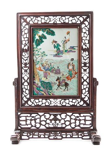 * A Porcelain and Hardwood Tablescreen Height 15 x 9 3/4 inches (dimensions of porcelain).