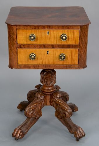 Federal mahogany two drawer stand with tiger maple drawer fronts. 
height 29 1/2 in., top: 18 1/2" x 18 3/4 in.