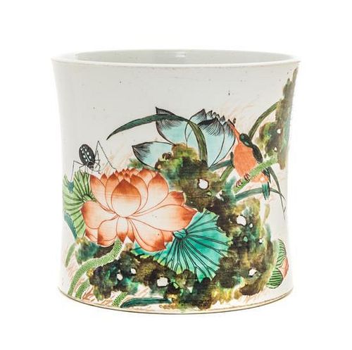 A Polychrome Enamel Porcelain Brushpot Height 6 5/8 inches.