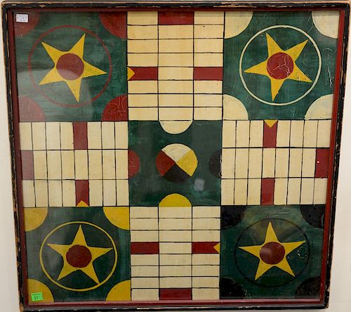 Early primitive polychrome painted Parcheesi game board, 19th - 20th century.22" x 22"