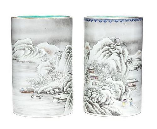 A Pair of Grisaille Enamel Porcelain Brush Pots Height 5 1/2 inches.
