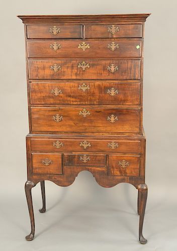 Queen Anne flat top highboy maple and tiger maple in two parts. 
height 70 1/4 in., width 35 in.