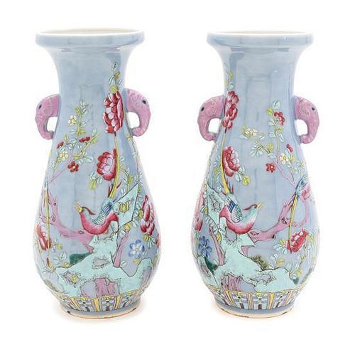 * A Pair of Polychrome Enamel Vases Height 10 inches.