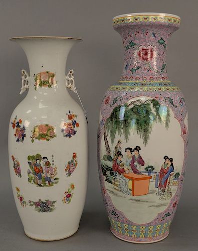 Two large Chinese porcelain baluster form vases, one having pink ground with painted panel of guanyins in courtyard. 
heights 24 1/2...