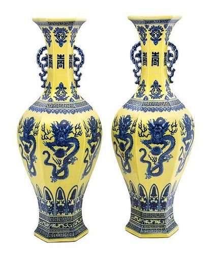 A Pair of Yellow and Blue Glazed Twin-Handled Vases Height 22 inches.