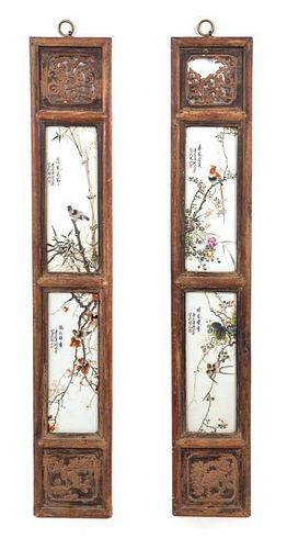 A Pair of Polychrome Enameled Porcelain Mounted Panels Height 22 x width 3 5/8 inches (each).