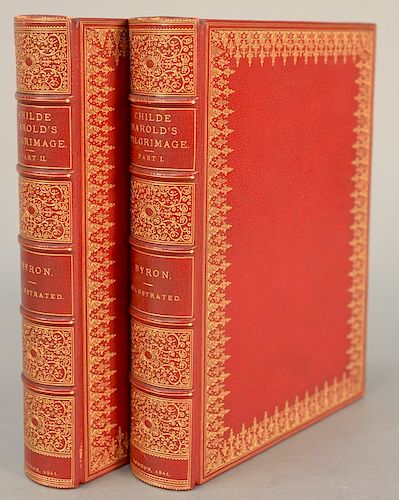 Two volumes Childe Harold’s Pilgrimage by Lord Byron, London: John Murray, 1841, two large quarto volumes, full red leather, ornatel...