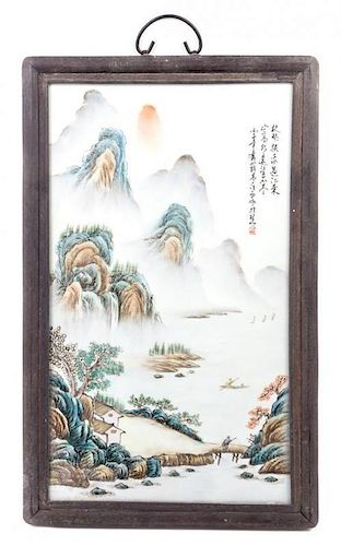 A Qianjiang Enameled Porcelain Plaque Height 21 x width 12 inches.
