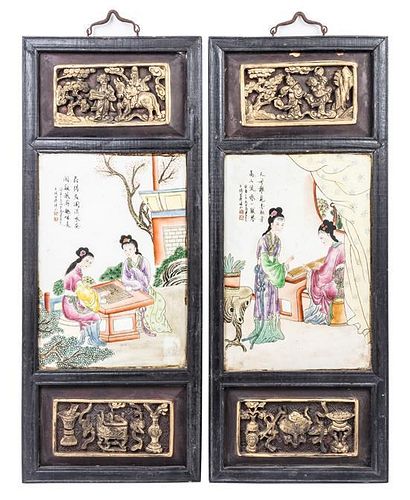 A Pair of Famille Rose Porcelain Plaques Height 14 x width 9 1/2 inches (each).