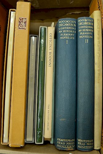Box lot with nine Bodini books including Orphei Tragedia: Di Angelo Poliziano, 1923, vellum with orange slip case; "The Tempest" by ...