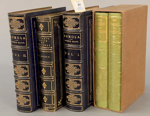 Box with five books to include The Poems of Yeats, 2 volumes (boxed), Macmillan 1949; Romola by George Eliot, London 1880, 2 volumes...