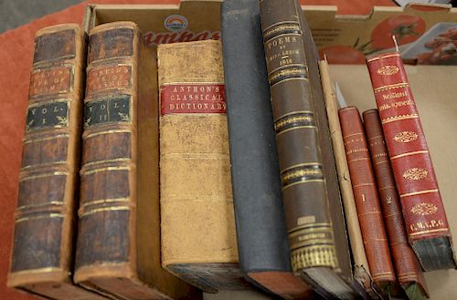 Nine books to include Life of Erasmus 2 vol. set London,1758 Rebacked calf; Classical Dictionary Charles Anthon New York, 1855; Nugo...