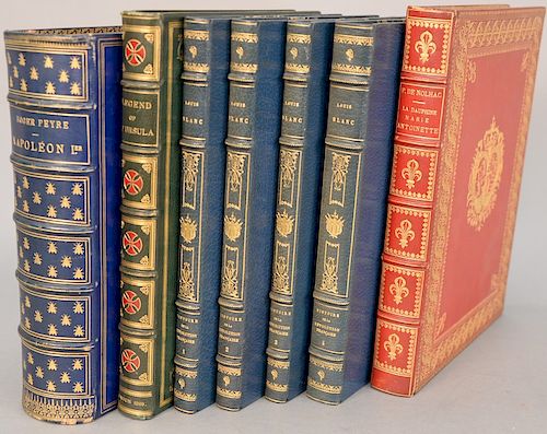Seven leather bound books to include Napoleon First by Roger Peyre FIne BInding. History of The French Revolution by Louis Blanc 4 V...