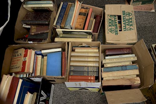 Large group of miscellaneous books, leather bound. 
Provenance; Estate of Eileen Slocum located in the Harold Brown Villa in Newport...
