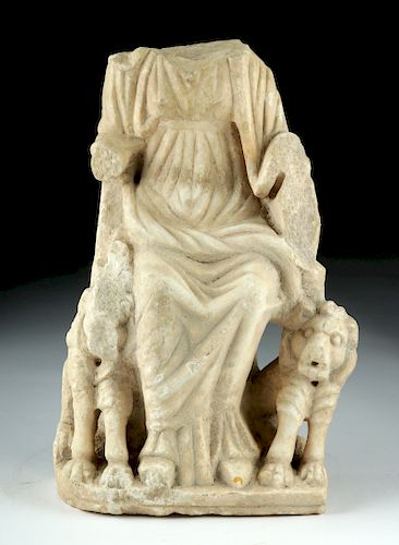 Roman Marble Seated Goddess with Flanking Lions