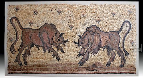 Superb Roman Stone Mosaic of Two Charging Bulls