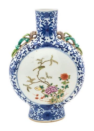 A Famille Rose, Blue and White Porcelain Moon Flask Height 10 3/4 inches.