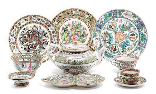 * A Collection of Rose Medallion Porcelain Articles Diameter of first 8 inches.