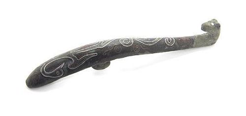 * A Mixed Metal Inlaid Bronze Garment Hook Width 7 1/4 inches.