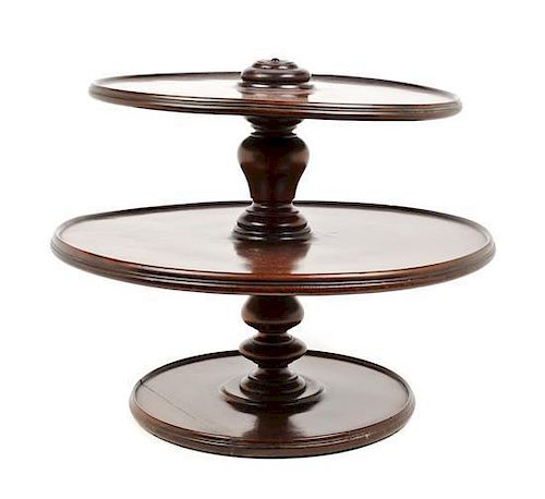 A George III Mahogany Table Top Dumb Waiter, Height 15 1/2 x diameter 19 1/4 inches.