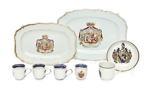 A Group of Chinese Export Porcelain Armorial Table Articles, Length of larger platter 13 inches.