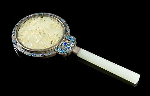 A Jade, Silver and Enamel Hand Mirror Height overall 8 5/8 inches.