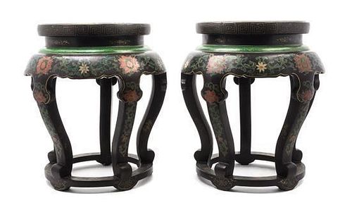 * A Pair of Cloisonne Inset Gilt and Black Lacquered Wood Stools Height 19 inches.