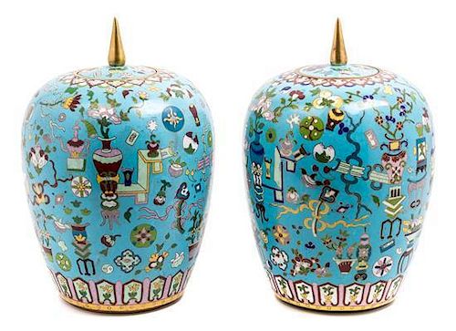 A Pair of Cloisonne Enamel Jars and Covers Height 13 1/4 inches.