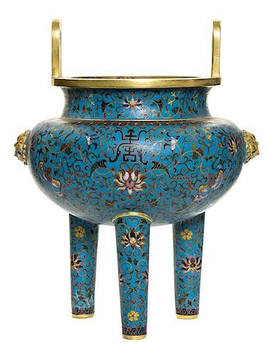 A Cloisonne Enamel Tripod Censer Height over handles 11 1/8 inches.