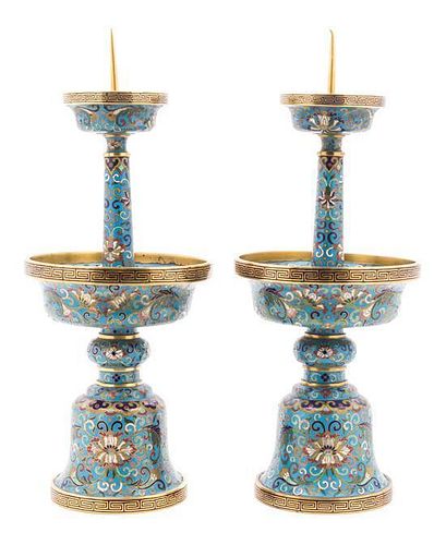 A Pair of Cloisonne Enamel Candlesticks Height 15 inches.