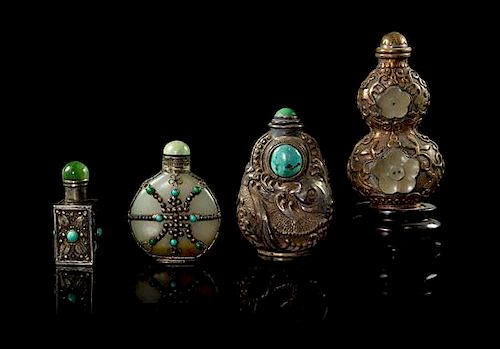 * Four Silver Snuff Bottles Height of tallest 4 3/8 inches (with stand).