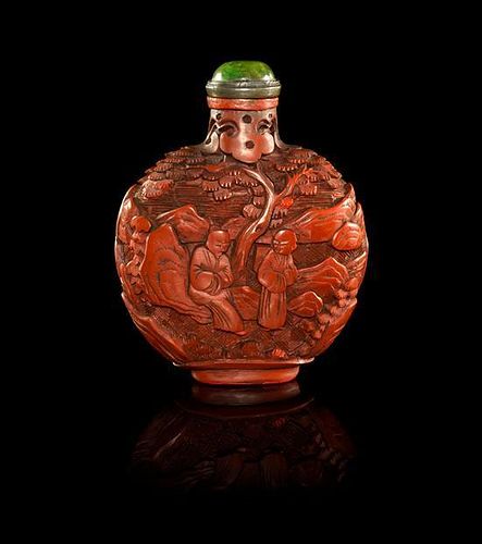 A Cinnabar Lacquer Snuff Bottle Height 3 1/4 inches.