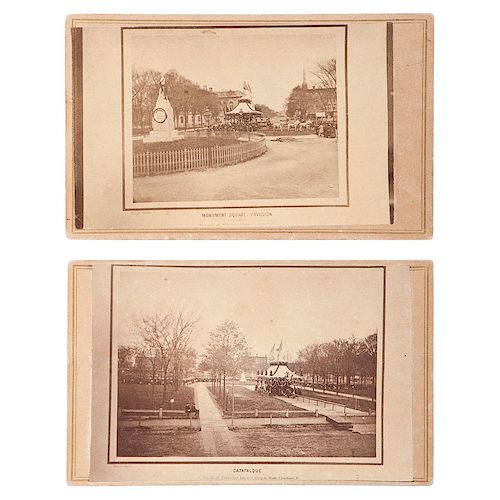 Rare Pair of Period Copy CDVs Featuring Lincoln's Funeral Procession in Monument Square Pavilion, Cleveland, OH