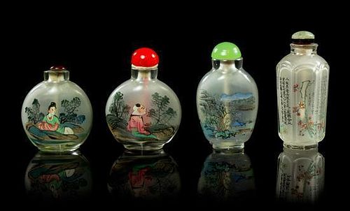 * A Group of Four Inside Painted Glass Snuff Bottles Height of tallest 2 7/8 inches.