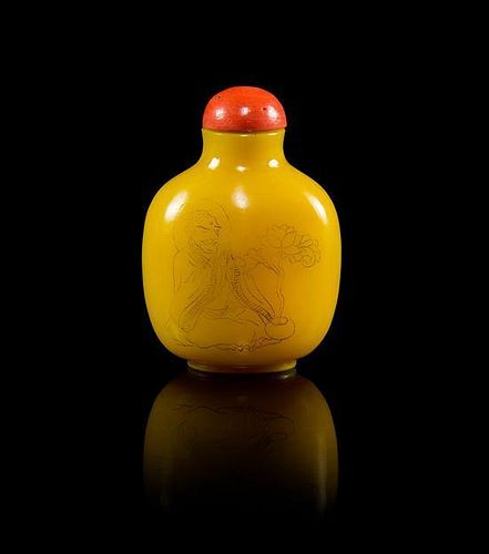 A Yellow Peking Glass Snuff Bottle Height 3 1/8 inches.