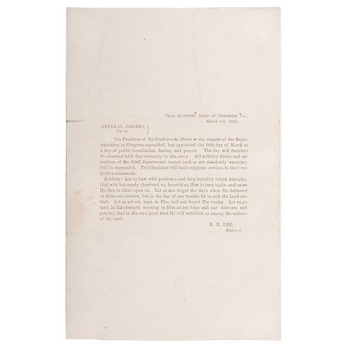 Printed Order from General Robert E. Lee Appointing March 10 a Day of "Public Humiliation, Fasting, and Prayer"
