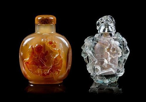 Two Carved Snuff Bottles Height overall of taller 2 5/8 inches.