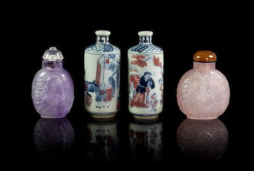A Group of Four Snuff Bottles Height of tallest 3 1/2 inches.