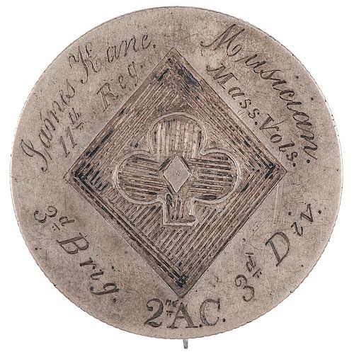 Engraved 2nd Corps "Cloverleaf" ID Disk, James Kane, 11th Massachusetts Volunteers