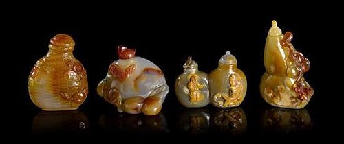 Four Agate Snuff Bottles Height of tallest 3 3/8 inches.