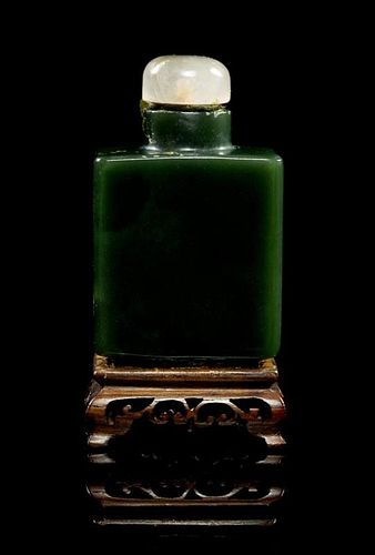 * A Spinach Jade Snuff Bottle Height 3 1/2 inches (with stand).