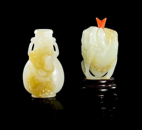 * Two Carved Jade Snuff Bottles Height of tallest 3 1/4 inches (with stand).
