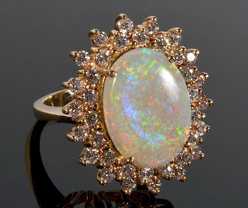 Ladies Opal & Diamond 14Kt Yellow Gold Ring