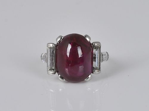 Art Deco Platinum, Cabochon Ruby & Diamond Ring