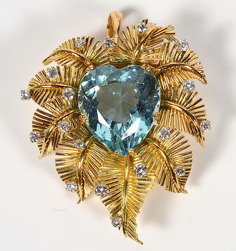 Diamond, Aquamarine & 18kt Yellow Gold Pendant
