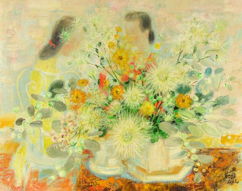 Le Pho 'Young Women with Chrysanthemums' Painting