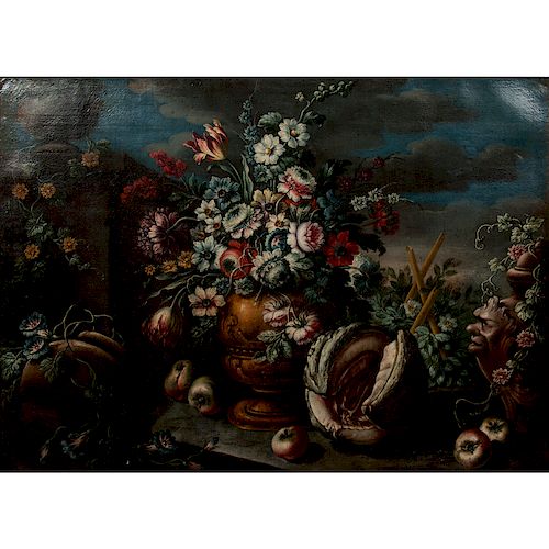 Continental Still Life with Flowers and Fruit Oil on Canvas