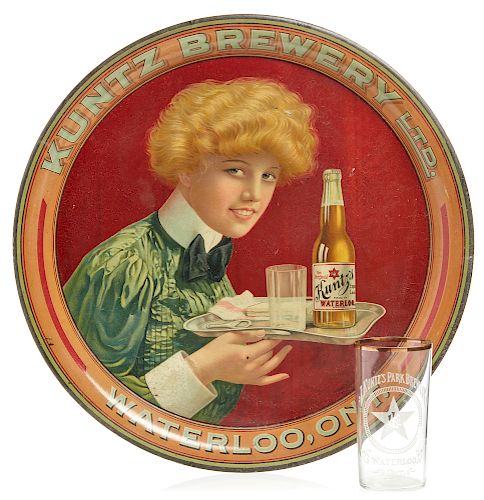 Kuntz Brewery Advertising Tray and Glass Set